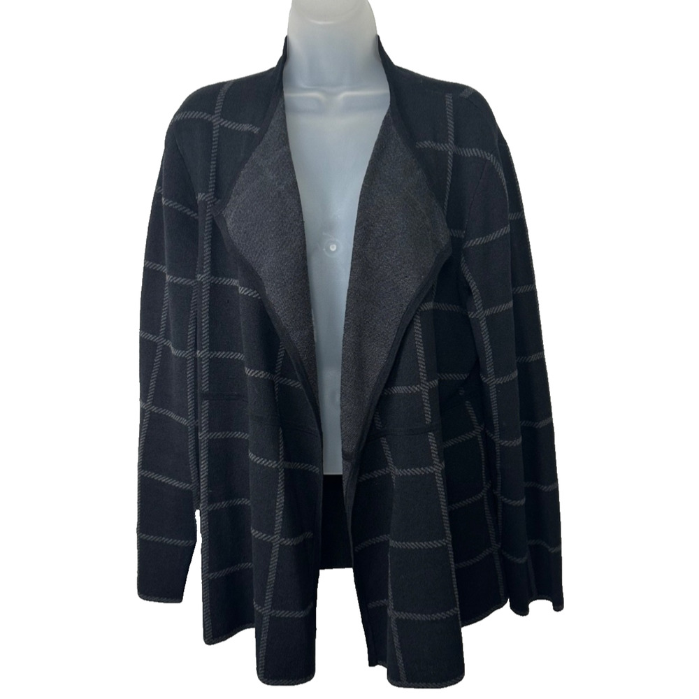 EILEEN FISHER Women M Windowpane Organic Linen Cardigan Sweater Open Italian D12